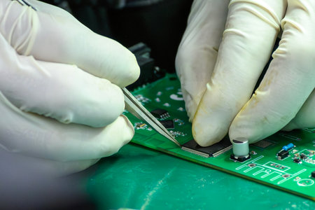 Close up scene the soldering operation by skill operator.  The repair work circuit board by skill operator.の写真素材