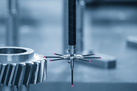The CMM machine measuring the metal gear parts by modular probe in the light blue scene. The quality control of automotive parts with CMM machine.の写真素材