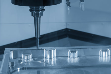 The CNC milling machine finish cut the aluminum parts by flat nose end mill tools in the light blue...