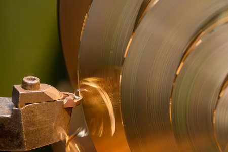 Close up scene the lathe machine finish cut the brass material. The metalworking process by turning machine.の写真素材