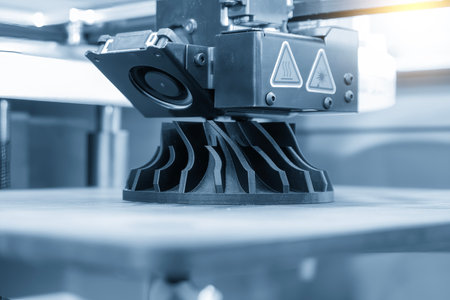 Close up scene the additive manufacturing by 3D printer machine in the light blue scene. The high...