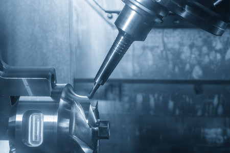 The 5-axis CNC milling machine multi-tasking type finish cutting the automotive part with solid ball nose end mill tool. The hi-technology automotive part manufacturing process by CNC milling.の写真素材