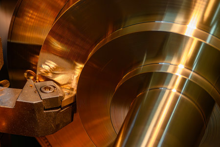 Close up scene the lathe machine finish cut the brass material parts by chip insert tool. The metalworking process by turning machine.の写真素材