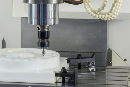 The CNC milling machine finish cut the nylon parts with solid ball nose end mill tool. The alloy wheel shape parts cutting on machining center.の写真素材