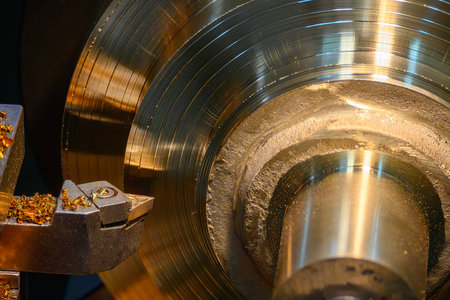 Close up scene the lathe machine finish cut the brass material parts by chip insert tool. The metalworking process by turning machine.の写真素材