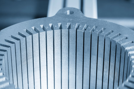 Close up scene the electric vehicle  stator parts in the light blue scene. The EV motor parts manufacturing concept.の写真素材