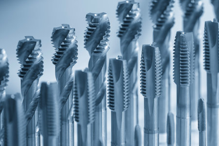 Close up scene the spiral flute threading tap tool for CNC machine in the light blue scene. The special thread making tool for machining center.の写真素材