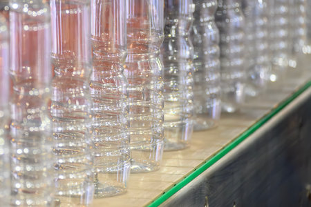 Close up scene of the bottom of the PET bottle on the conveyor belt. The  empty drinking water bottles on the conveyor belt for filling process.の写真素材