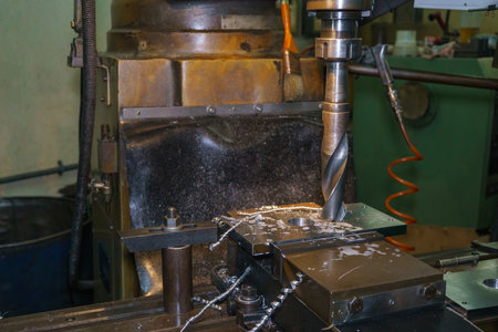 The hole drilling  process on NC milling machine with liquid coolant method. The metal working...