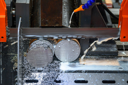The band saw cutting machine cutting the group of metal shaft parts with coolant method. The machine...