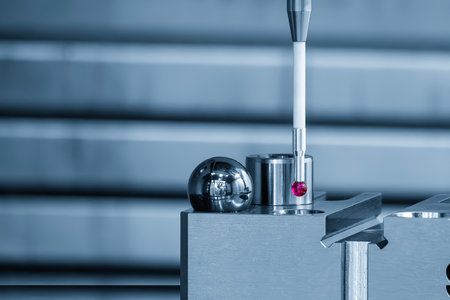 Close up scene the CMM machine calibration with the standard gauge parts in the light blue scene.  The quality control concept of 3-axis CMM machine.の写真素材