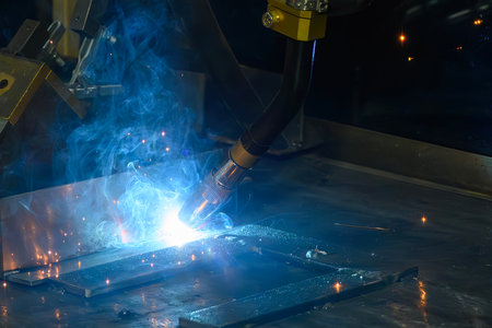 Close up scene the laser welding process by robotic system. The high technology welding process by...