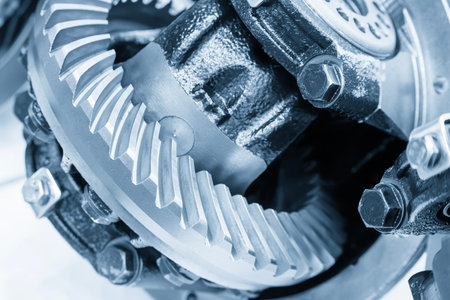 Close up scene the transmission gear parts in the light blue scene. The automotive gear box manufacturing process concept.の写真素材