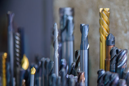 Close-up scene the used flat nose or square solid end mill tools. The  cutting  tool for machining...