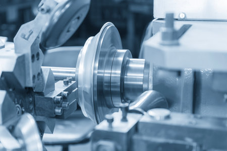 Close up scene the metal spinning process by lathe machine in the light blue scene. The metal forming process by metal spinning method.の写真素材