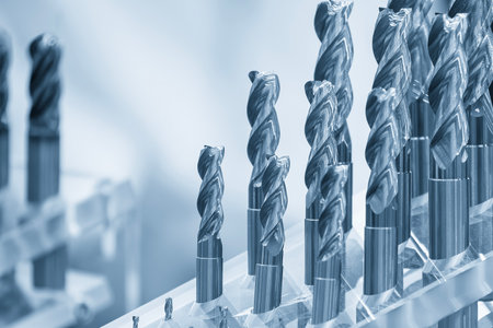 Close-up scene the group of bull nose or radius end mill tools in the light blue scene. The  cutting...