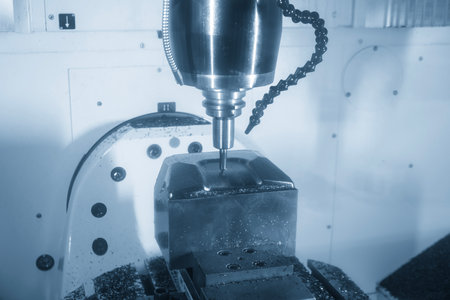 The CNC milling machine finish cut the mold parts by solid ball nose end mill tool in the light blue scene. The high precision mold manufacturing process by machining center.の写真素材