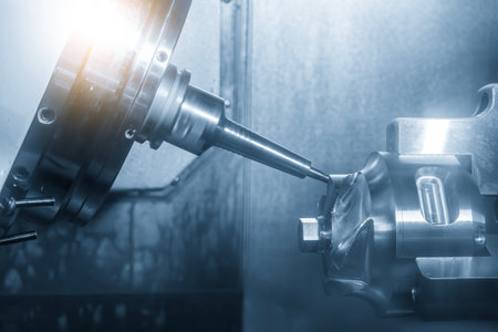 The 5-axis CNC milling machine multi-tasking type finish cutting the automotive part with solid ball nose end mill tool. The hi-technology automotive part manufacturing process by CNC milling.の写真素材