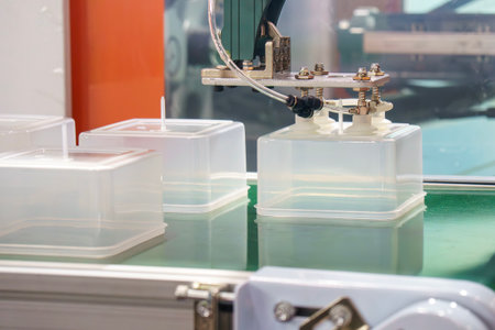 Close up scene material handling process the food container by robotic system from injection...
