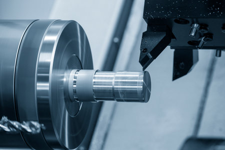 The CNC lathe machine forming cutting the metal shaft parts in the light blue scene.  The high...
