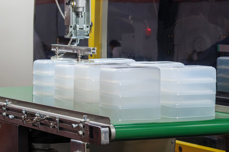 Close up scene material handling process the food container by robotic system from injection machine.  The food container production process by automatic system from plastic injection mold machine.の写真素材