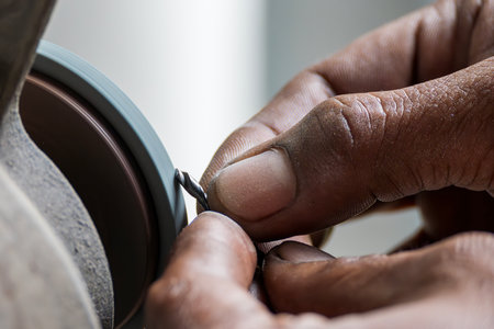 The small drill tool regrind process by manual operation with abrasive wheel. The machine operator regrind tool.の写真素材