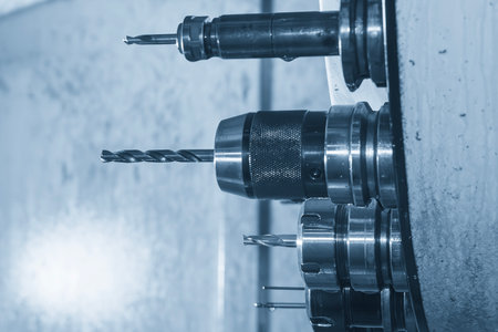 The hole tool in the tool magazine of machining center in the light blue scene. The automatic toll...