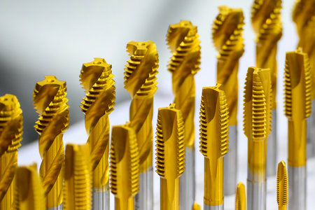 Close up scene the golden coating spiral tap tool for CNC machine. The special thread making for machining center.の写真素材