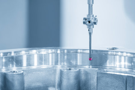 The CMM machine measuring the automotive parts by modular probe in the light blue scene. The quality control of automotive parts with CMM machine.の写真素材