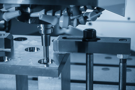 The CNC milling machine finish cut the mold and die parts with flat nose end mill tool in the light...