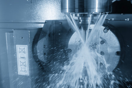 The 5-axis CNC milling machine cutting the automotive parts with liquid coolant method in the light...