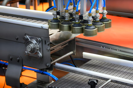 The high technology material handling process in canned food production by robotic system. The mass...