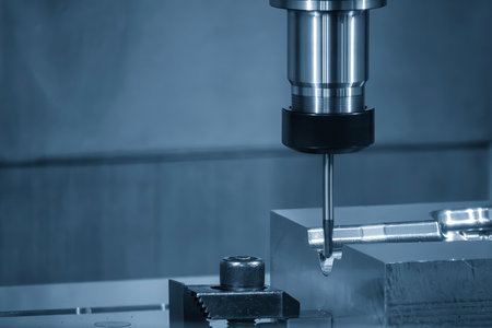 The CNC milling machine finish cut the mold parts by solid ball nose end mill tool in the blue tone....