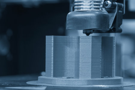 Close up scene the 3D model operation by additive manufacturing by 3D printer machine in the blue...