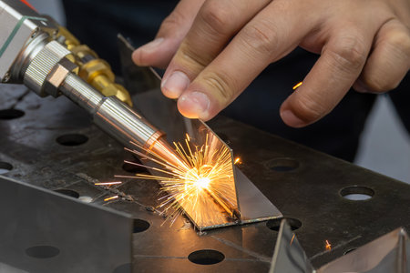 Close up scene the laser welding process by hand held laser welding machine. The high technology...