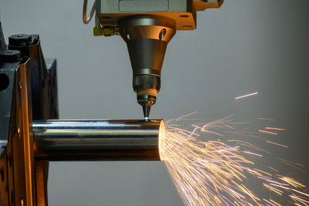 Close up scene the fiber laser cutting machine cut the stainless steel tube control by CNC program. The hi-technology sheet metal manufacturing process by laser cutting machine.の写真素材