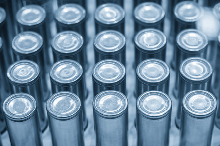 The group of battery pack for electric vehicle in the blue tone. The battery pack for EV manufacturing concepts.の写真素材