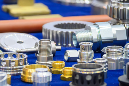 Close up scene the group of stainless steel pipe connector. The high precision parts production...