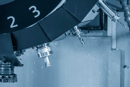 Close up scene the CNC milling tool magazine with the indexable tool and flat nose end mill tool in the light blue scene. The automatic toll changer operation concept.の写真素材