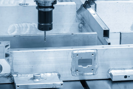 The CNC milling machine tapping process on the electric battery frame in the blue ton scene. The...