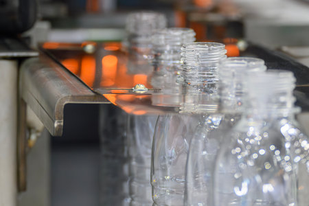 The drinking water bottles on the conveyor belt after blow mold machine. The hi-technology of...