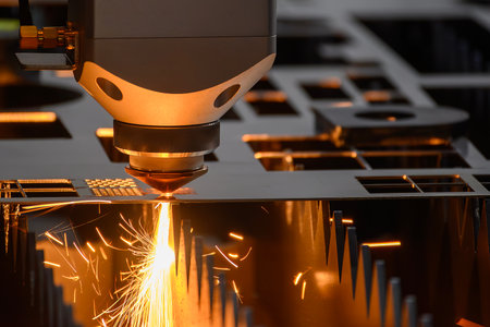 Close up scene the fiber laser cutting machine cut the metal plate control by CNC program. The high...