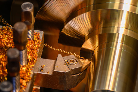 Close up scene the lathe machine finish cut the brass material parts by chip insert tool. The...