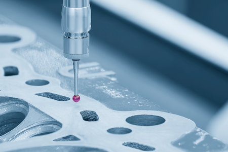 The multi-axis CMM machine measuring the aluminum cylinder head parts. The quality control of...