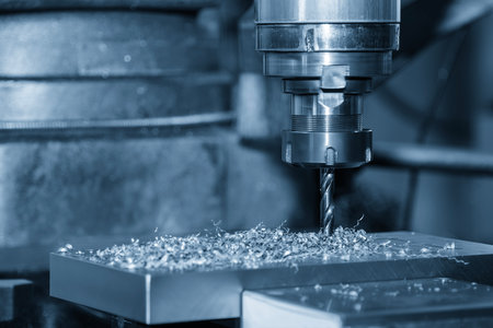 The hole drilling  process on NC milling machine with aluminum parts in the blue scene. The metal...