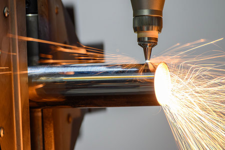 Close up scene the fiber laser cutting machine cut the stainless steel tube control by CNC program. The hi-technology sheet metal manufacturing process by laser cutting machine.の写真素材