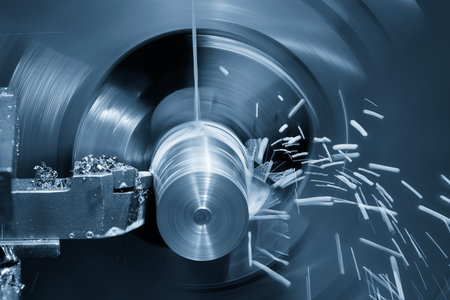 The lathe machine finish cut metal shaft parts with liquid coolant method in the light blue scene....
