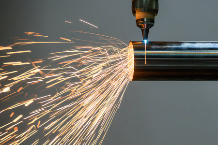 Close up scene the fiber laser cutting machine cut the stainless steel tube control by CNC program. The hi-technology sheet metal manufacturing process by laser cutting machine.の写真素材