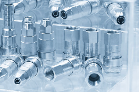 Close up scene the group of quick release coupling set in the light blue scene. The cooling pipe...