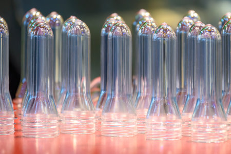 Close up scene of group of preform shape of PET bottle products. The raw material for plastic bottle manufacturing process.の写真素材